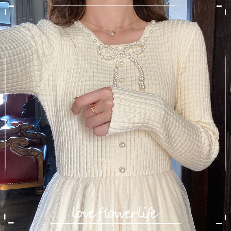 

Spring Lace Knitted Dress Korean Fashion Bow Office Elegant Sweater Dress Women Party Fairy Kawaii Dress Female 210521, Apricot