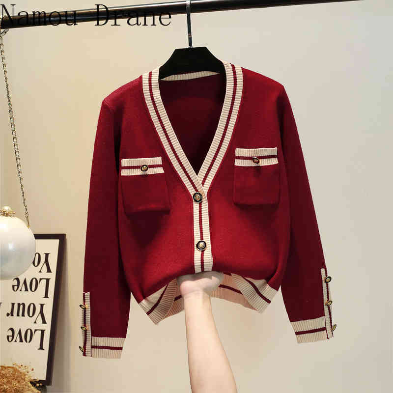 

Autumn Open Stitch Sweater Pockets Shawl Warm Coat long sleeved Cardigan girl front Buttons Knitwear V neck Jackets 210429, Blue