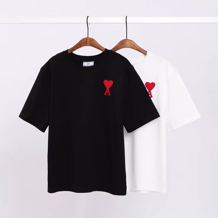 

Ami Classic Mens Woman T Shirt High Quality Cotton Heart Embroidery Summer Tees US Size S-XL, White;black
