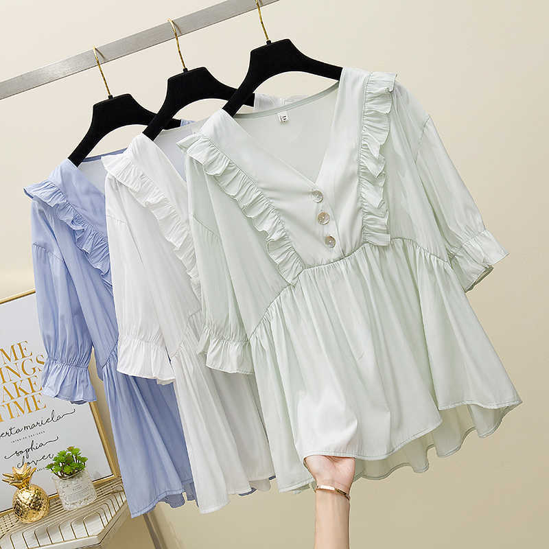 

summer ruffless women's shirt blouse for women blusas womens tops and blouses lace sexy shirts ladie's top plus size 210604, Green