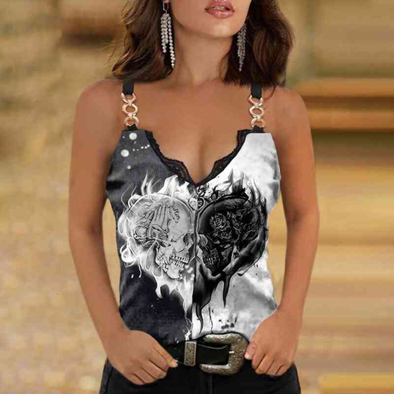 

fashion summer lace women tank chain strap sleeveless v neck rose flower printed sling casual female vest, White