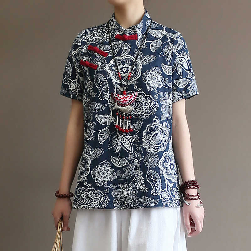 

Literature and Art Chinese style Blue Flower cloth Flag robe short sleeve Summer Cotton and Ramie sweater Women's 210616, Navy blue