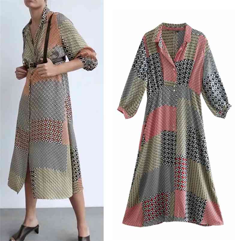 

Dress Women Patchwork Print Midi Retro Shirt Fashion Long sleeves Lapel Collar Metal Button-up Casual es 210519