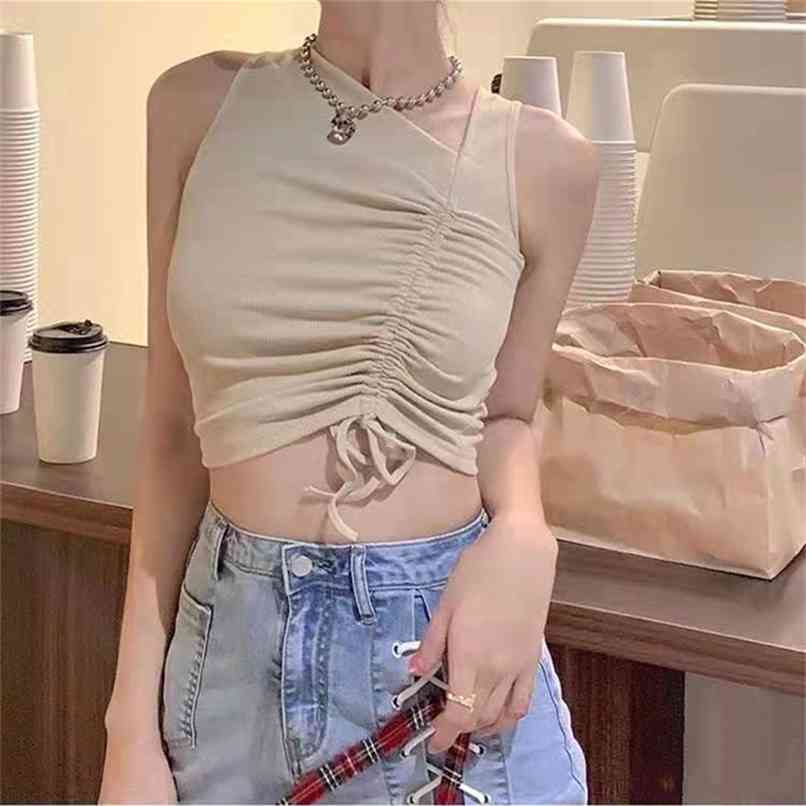 

style irregular neckline design sense drawstring sleeveless top short cropped leisure camisole women 210520, White