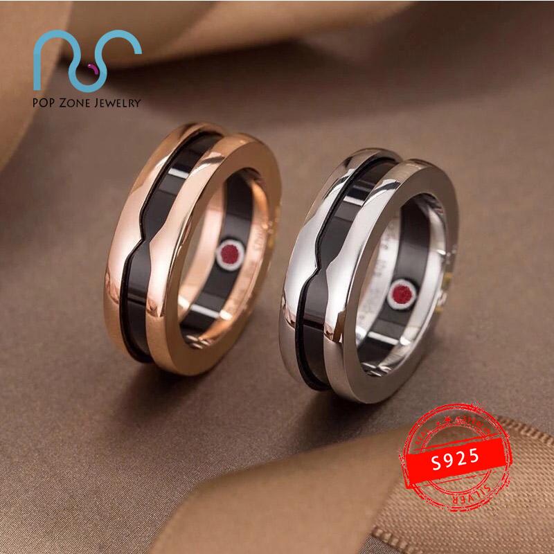 

Cluster Rings 925 Sterling Silver Ring Brand Children Series Black White Ceramics Red Circles Luxury Jewelry Original With Logo, Golden;silver