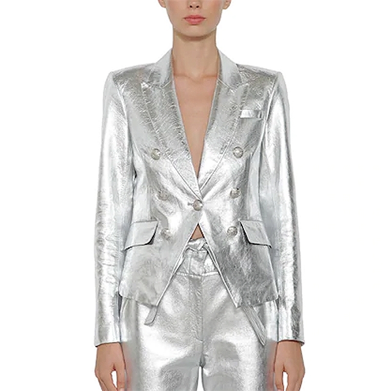 

HIGH STREET est Baroque Fashion Designer Jacket Women's Lion Metal Buttons Faux Silver Leather Blazer Outer Coat 210521