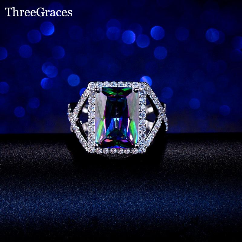 

Cluster Rings ThreeGraces Gorgeous Jewelry Long Square Cut Mystic Rainbow White Zirconia Stone Women Big Party RG057, Golden;silver