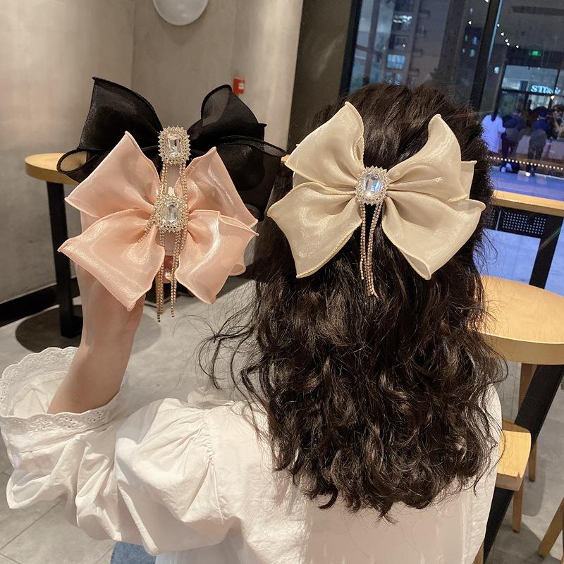 

Hair Accessories 2021 Women's Pearly Yarn Bow Hairpin Rhinestone Temperament Elegant Spring Clip Back Head