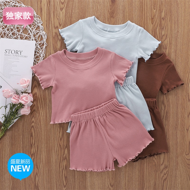 

2Pcs Fashion New Toddler Summer Suit Solid Color Ribbed O-Neck Short Sleeves Tops+Elastic Waist Shorts Outfits for Girls Boys 2599 Q2, Color mix