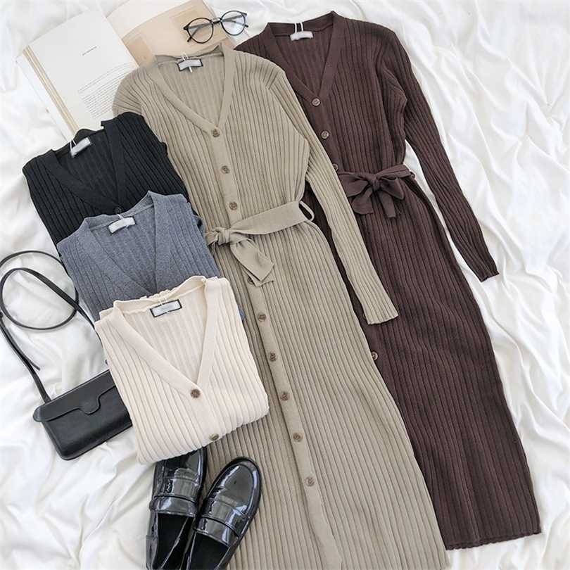 

Women Casual Sweater Dress Spring Autumn Long Sleeved Single-breasted Midi Knitted es Ladies V Neck Bandage 211110, Black