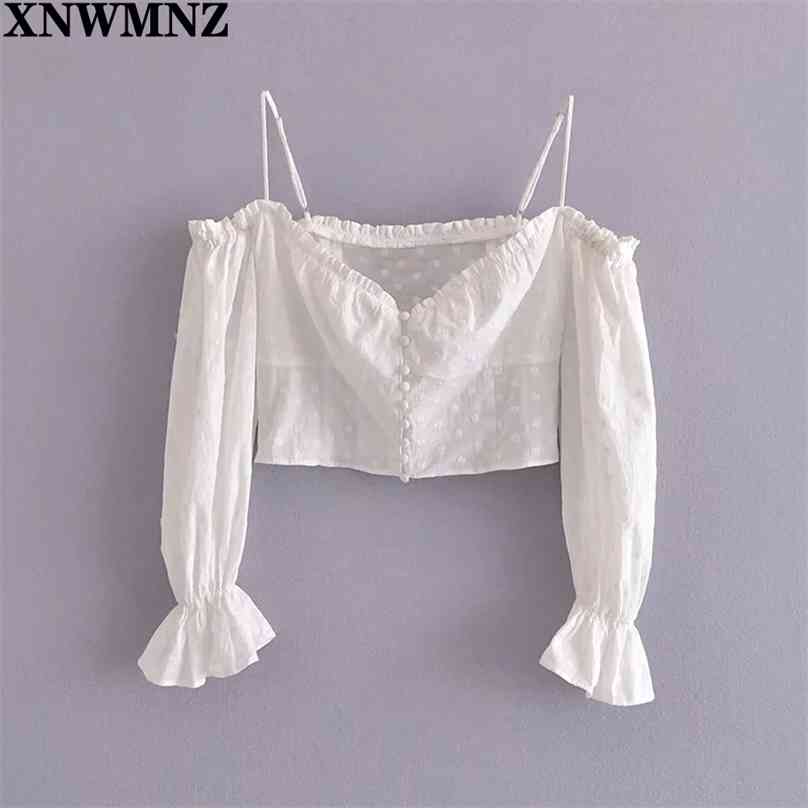 

High Quality Women Summer Chiffon Thin Blouses Shirts Tops Dot Embroidery Off shoulder Female Sexy Short Top Blusas 210520, White