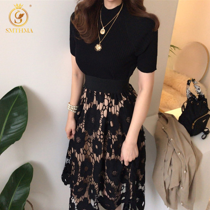 

Arrival Vintage Lace Hollow Out Flower Two Piece Skirt Sets + Black Summer Short Sleeve Knitted Top Women's Clothes Suit 210520, Photo color
