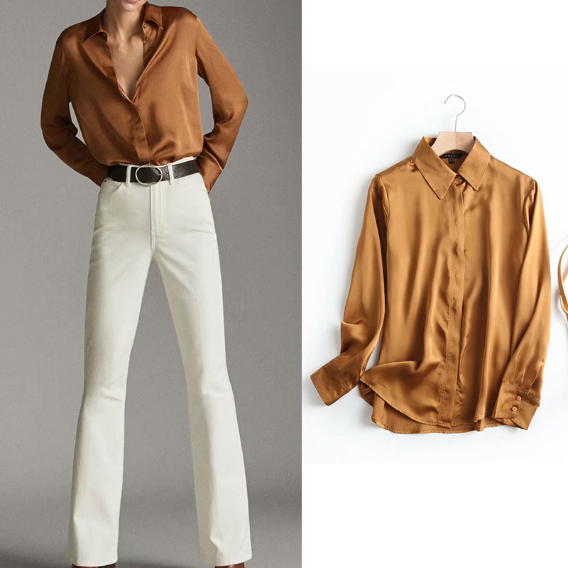 

2021 Za Shirt Women Silk Casual Office Wear Blouse Solid Satin Elegant Womens Tops and Blouses Chic Retro Ropa Mujer, As picture