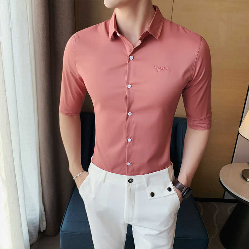 

British Style Shirts Men Solid Color 3/4 Sleeve Casual Shirt Slim Business Office Dress Shirts Streetwear Social Party Tops 210527, White