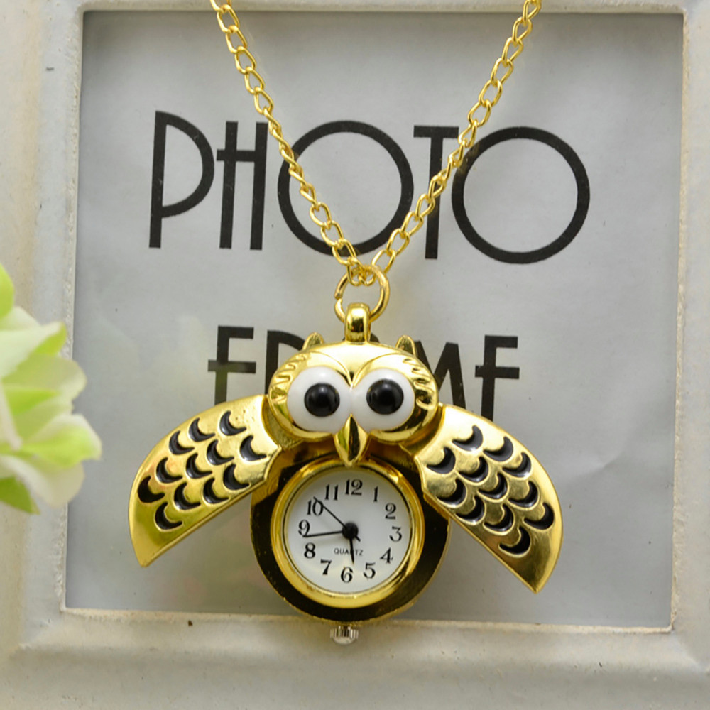 

Pocket Watch Women Fashion Mini Metal Slide Owl Double Open Quartz Watch reloj mujer Pendant Hanging Watch Gift, Gold