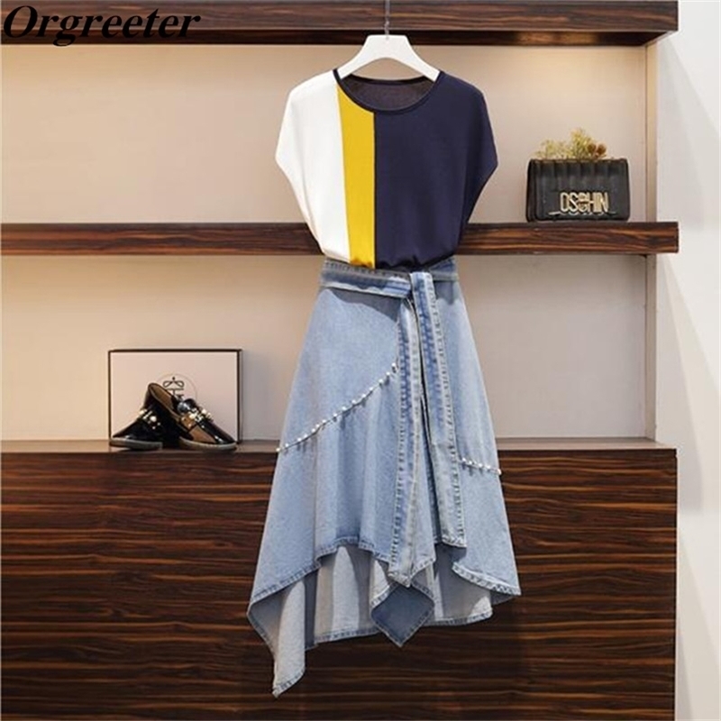 

2 Pieces Sets For Women Summer Fall Color matching Thin Knitted Pullover Tops and Beaded Lace-Up Irregular Denim Skirt Suit 210602, Only tops