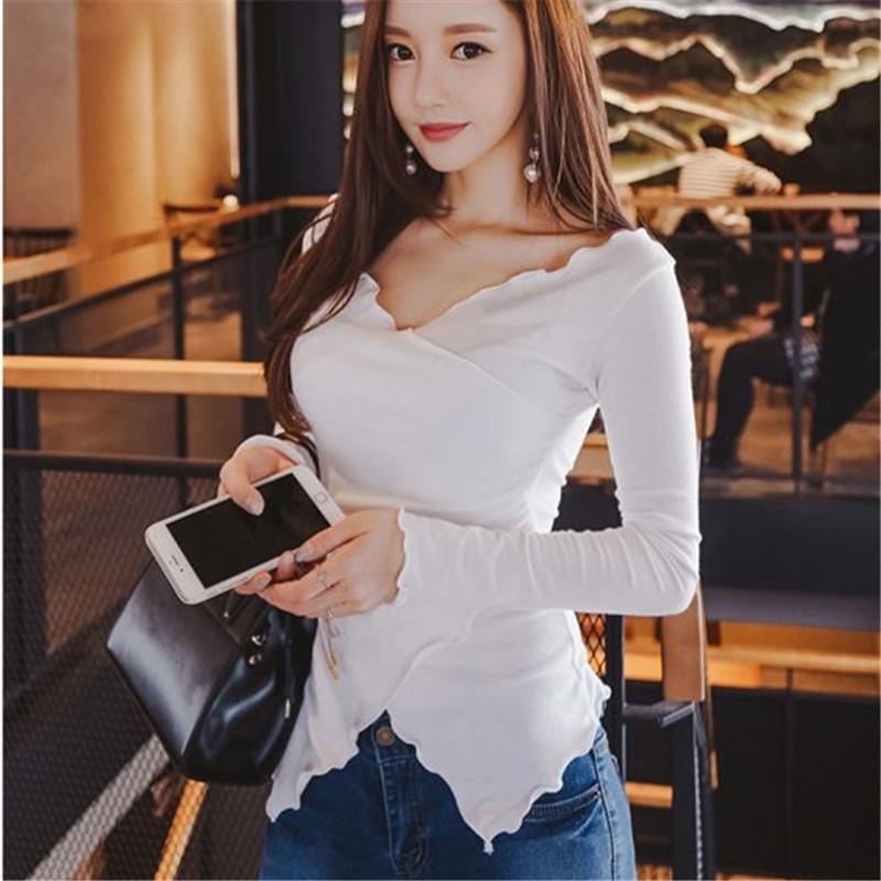 

Women's T-Shirt Spring V Neck T Shirt Korean Style Slim T-shirts 2021 Sexy Tshirts Cotton Long Sleeve Summer Tops Tee Femme White Black, Ivory