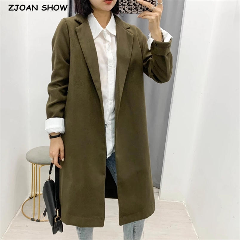

Winter Woolen Blends Mid Long Coat Women NO buttons Sleeve OL Trench Slim fit Outerwear 210429, Army green