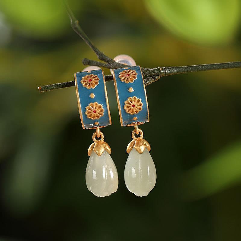 

Dangle & Chandelier Designer Original Dripping Hetian Magnolia Flower Earrings Antique High-end Personality Ladies Silver Jewelry