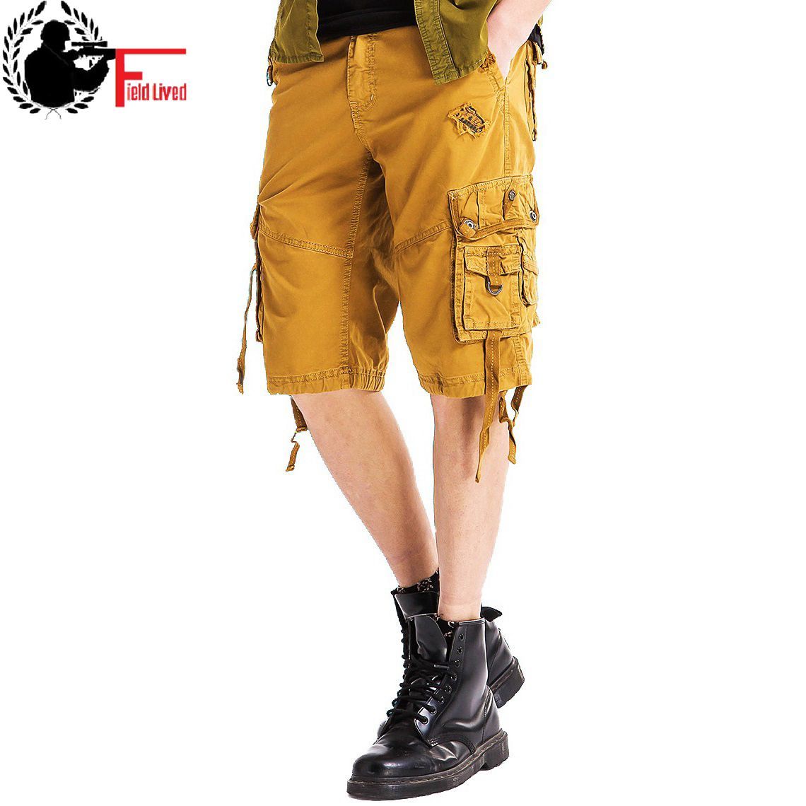 

Cargo Shorts Military Style Shorts Men Cotton Army Bermuda Male Many Pockets Casual Summer High Quality Men's Breeches 210518, Yellow