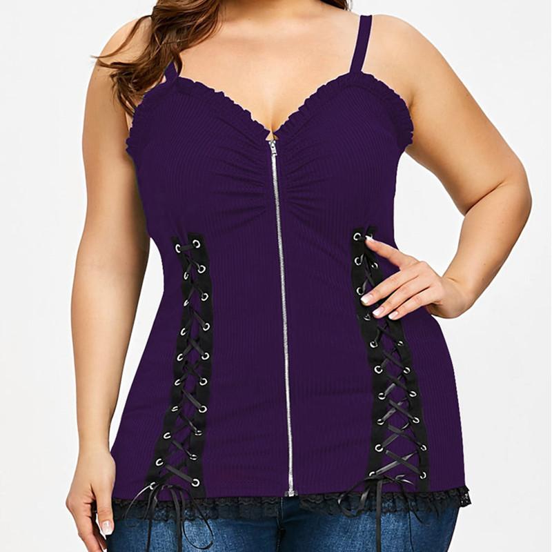 

Women's Tanks & Camis Plus Size Summer Streetwear Sexy Lace-up Fashion Lace Hem Ruffle Front Zipper Sling Women Corset Top 2021, White
