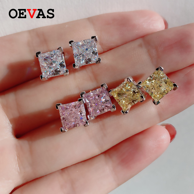 

OEVAS 100% 925 Sterling Silver 7*7mm Topaz Pink High Carbon Diamond Stud Earrings For Women Wedding Party Fine Jewelry Gifts