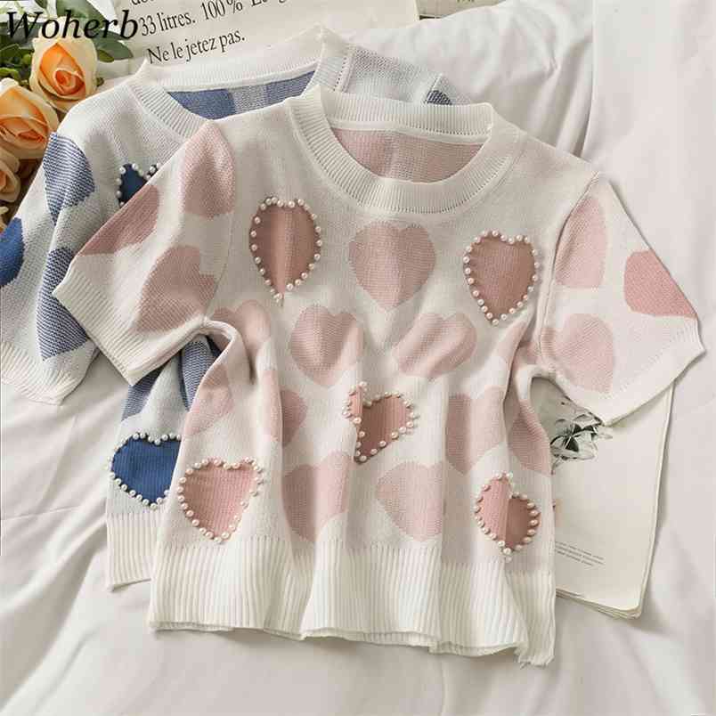 

Women T Shirts Summer Beaded Heart-shaped Print Loose Tees Shirt Casual O Neck Slim Sweet Knitted Pullover Tops 210519, Blue