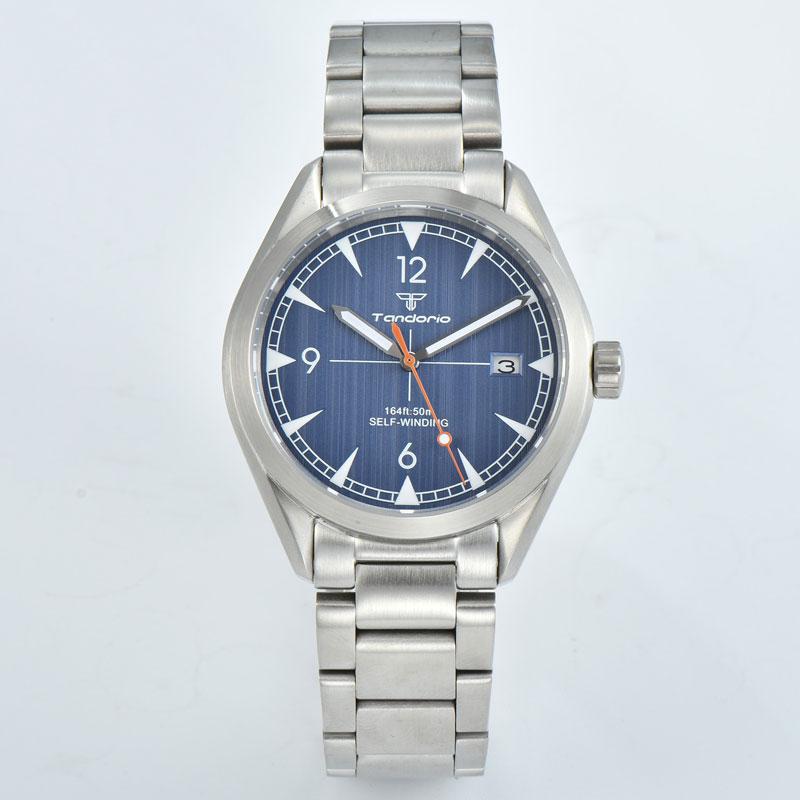 

Wristwatches Tandorio 41mm Men's Top Mechanical Watch 24 Jewels Japan NH35A Automatic Movement Calendar Sapphire Crystal Luminous Marks, Blue dial