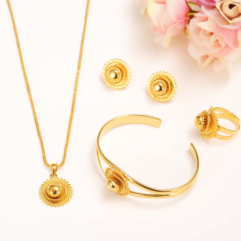 18k Solid Fine Gold AUTHENTIC FINISH Pendant Necklace Bangle Earring Ring Jewelry set Bride Glaze Multichamber Lace sets-image-678329554