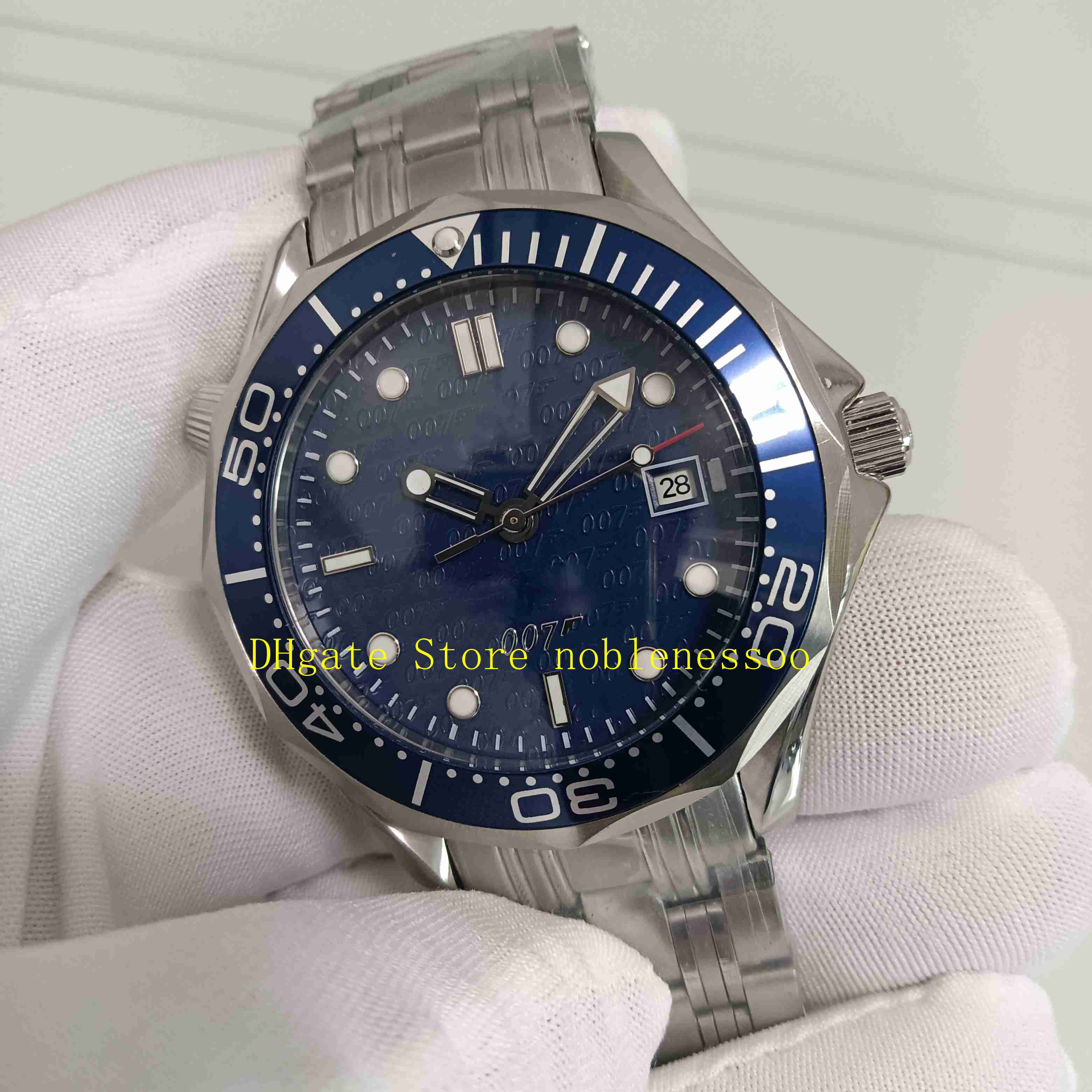 

Real Photo In Original Box Mens Automatic Watches Men Blue Dial 007 Stainless Steel Bracelet Limited Edition Professional Asia 2813 Movement Mechanical Watch, 01