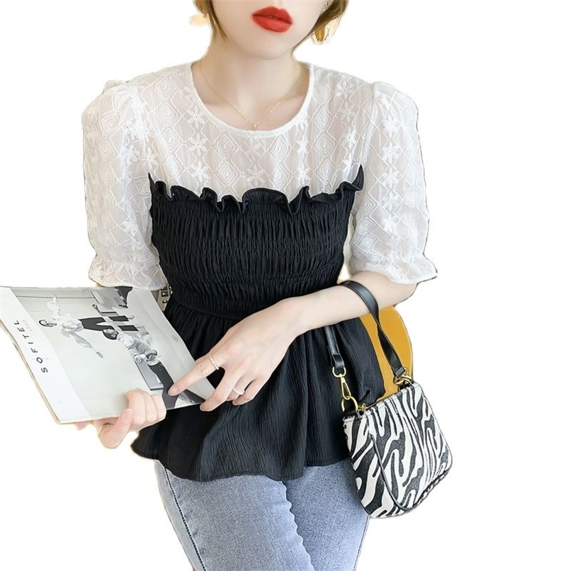 

Fashion women's chiffon shirt summer lace stitching blouse waist was thinner short-sleeved 210520, Black
