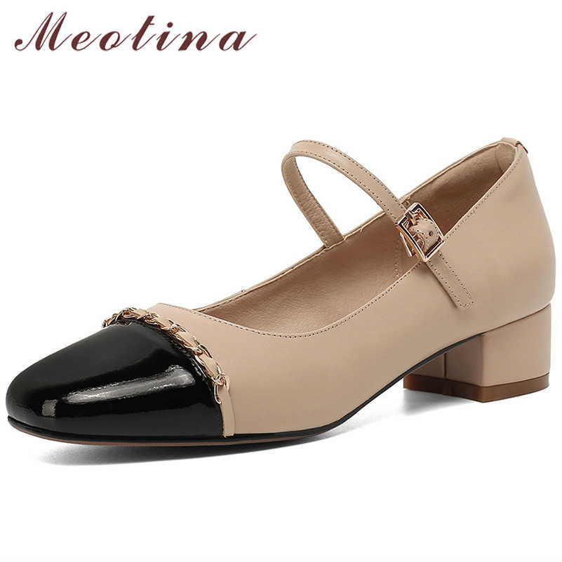 

Meotina Real Leather Med Heels Women Mary Janes Shoes Chain Square Toe Pumps Buckle Strap Chunky Heel Female Footwear White 40 210608, Apricot