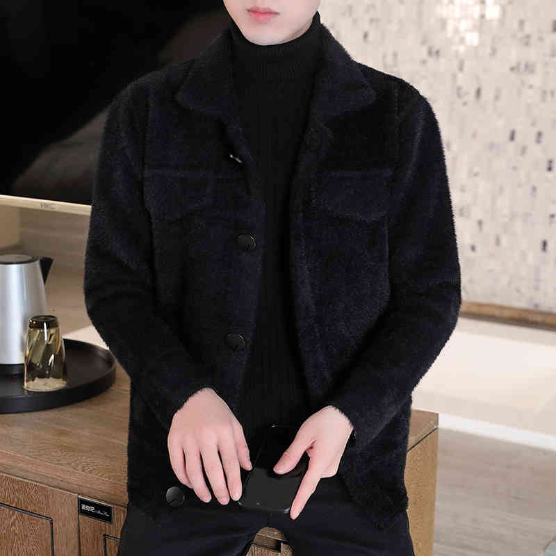 

Men's Jackets winter mink coat fit jacket tweed, Black