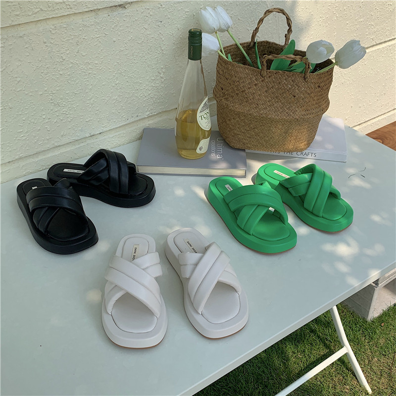 

slippers brand design cross-tied solid platform chunky sandals women summer beach slides shoes outdoor 2dcj, Black