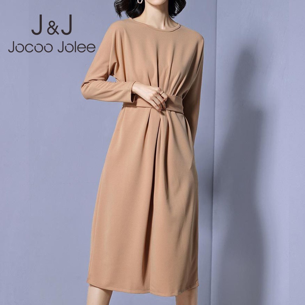 

Women Elegant Solid Lace Up Waist Chiffon Midi Dress Korean Long Sleeve O Neck Sashes Bandage Dress Office Lady vestidos 210518, Red