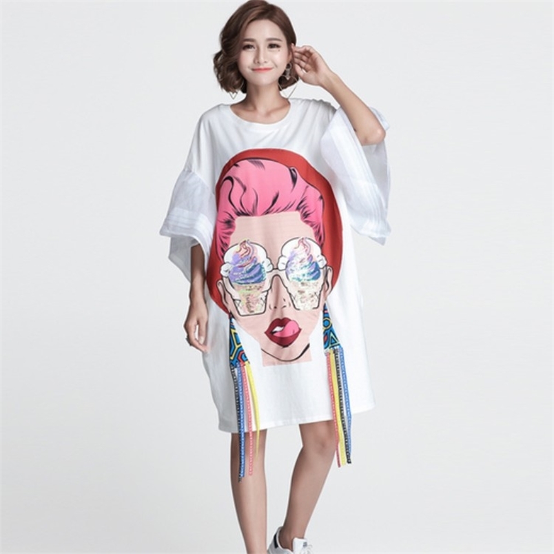 

High Quality Summer Women Cartoon Sequin Dress Girl Print es Loose Casual Tassel flare sleeve T Shirt 210519, Picture color