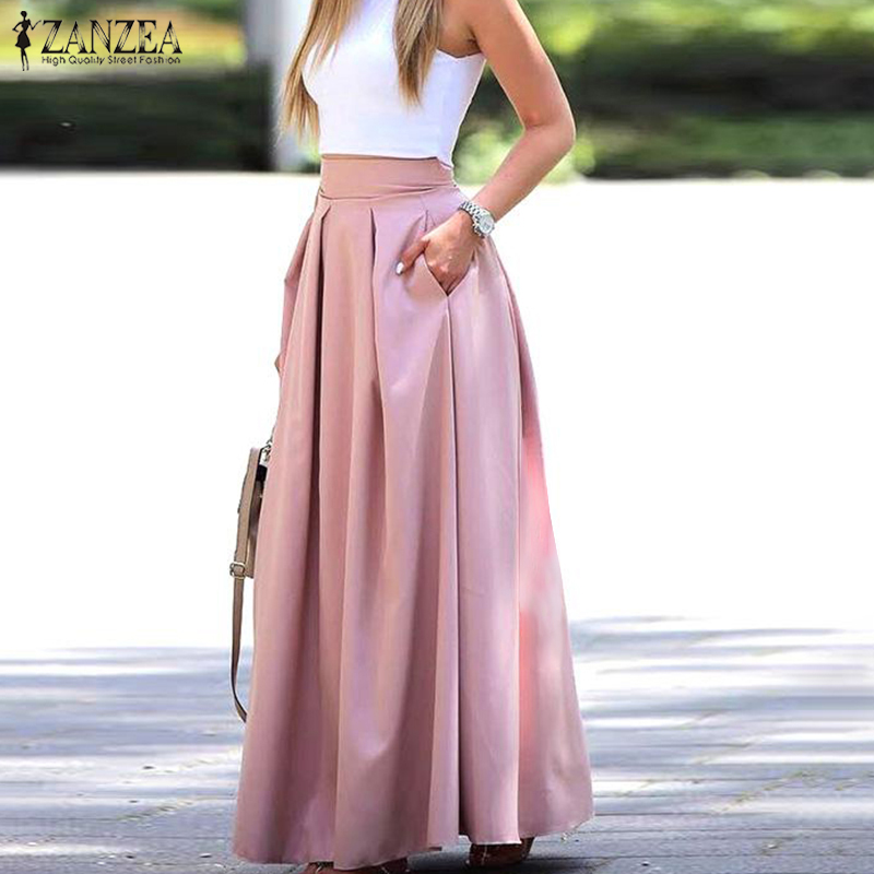 

Stylish Pleated Maxi Skirts Womens Spring Sundress ZANZEA 2021 Casual High Waist Long Vestidos Female Solid Faldas Saia 5XL 7, Pink