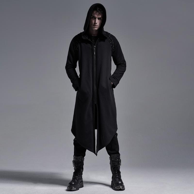 

Men's Punk Hooded Asymmetry Hem Midium-length Coat Daily Wear Fitted Cardigan Outerwear Trench Coats, Black