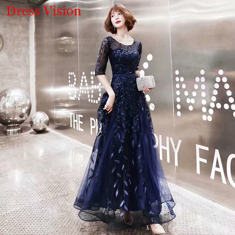 

New Style O-Neck Evening Dresses Half SleevesLace Appliques Tulle Party Gowns, White