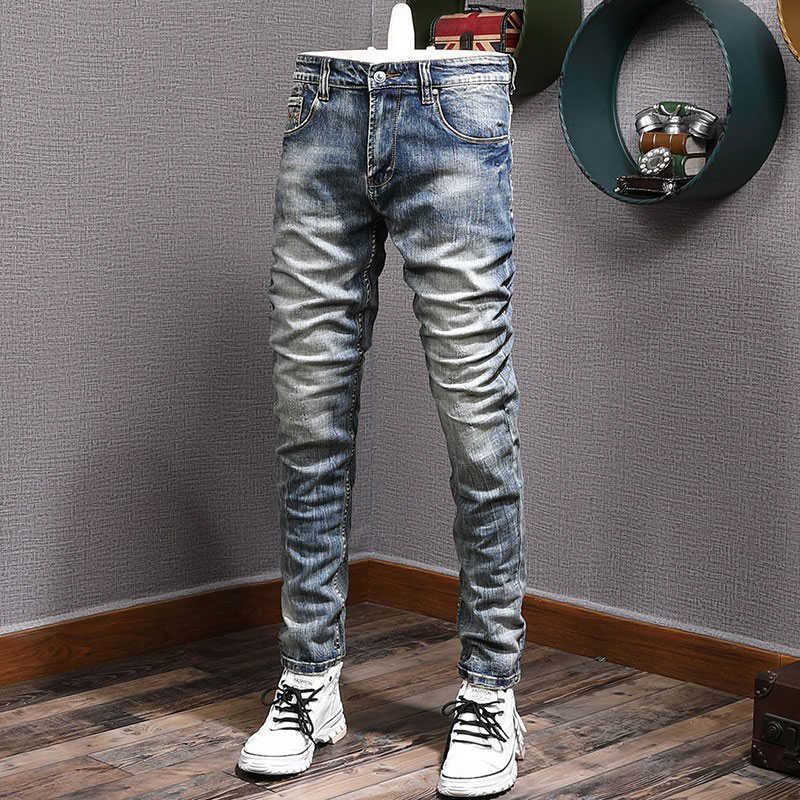 

Italian Style Fashion Men Jeans Retro Blue Distred Elastic Slim Ripped Vintage Designer Frayed Casual Denim Pants