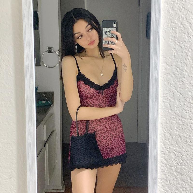 

Casual Dresses Aesthetics Lace Trim Leopard Printing Party Cami E-girl Spaghetti Strap V-neck Hem A-line Mini Dress, Black;gray