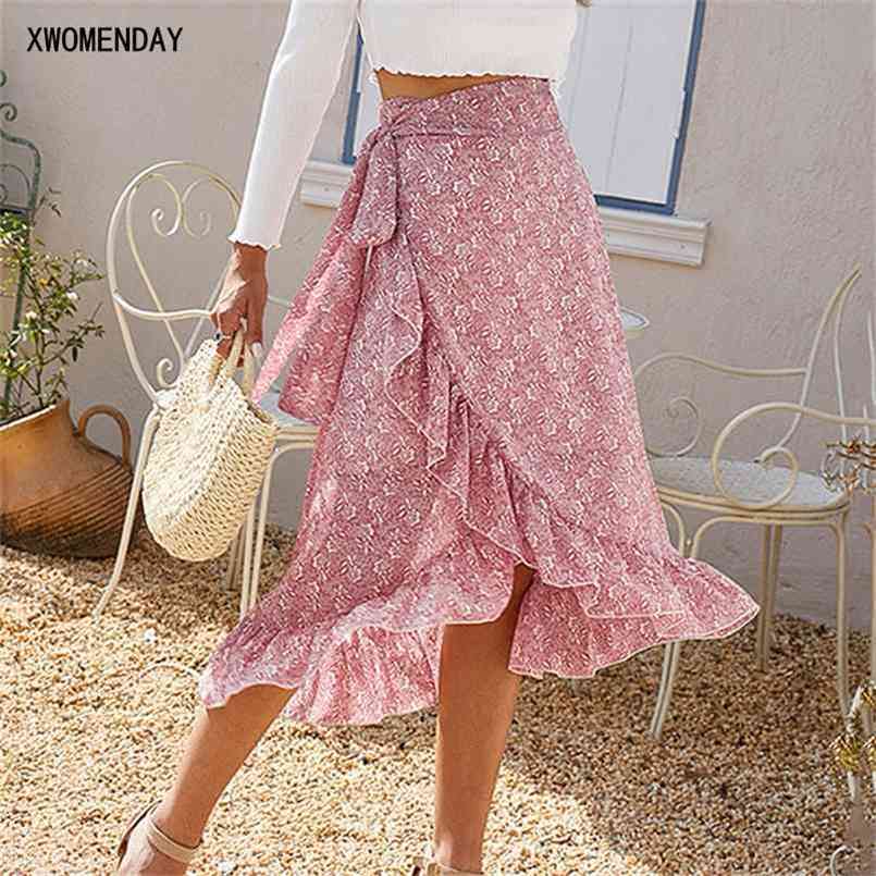 

Woman Skirts High Waist Fashion Long Black Knotted Tied Wrap Floral Ruffle Chiffon A Line Split Skirt Spring Summer Clothes 210702, Green
