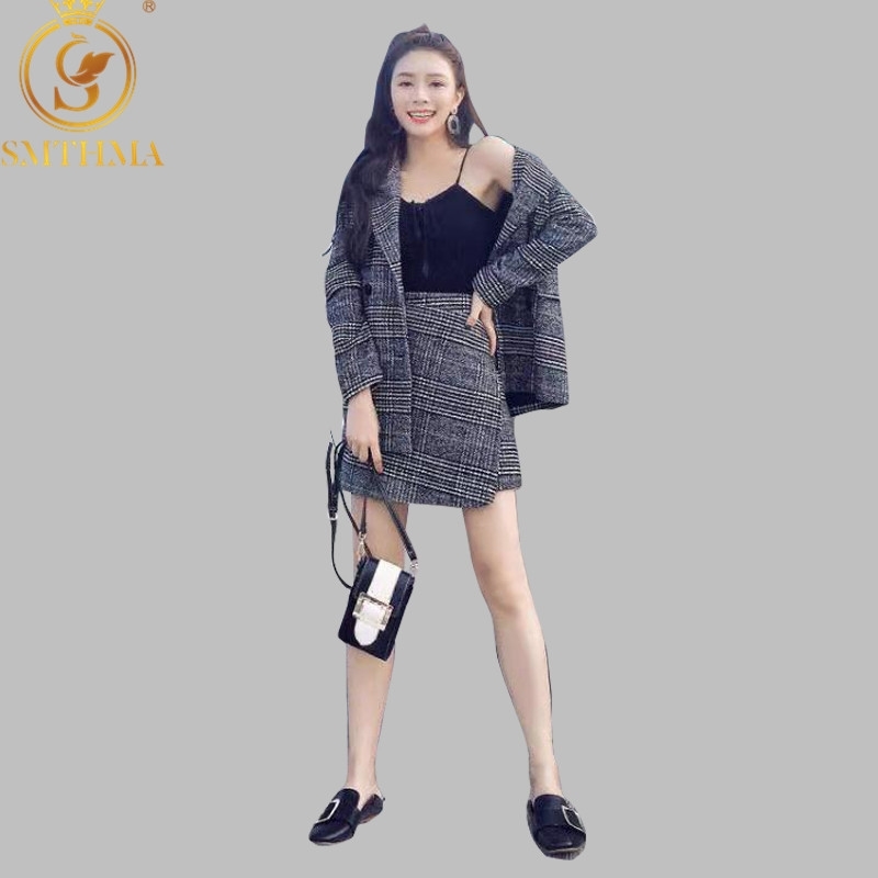 

Winter Runway Fashion Women Business Plaid Tweed Jacket Coat Suits +2 Piece Skirt Suit 210520, Photo color