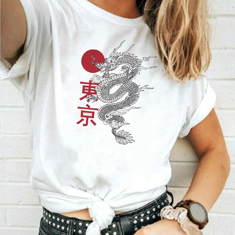 

Japanese Style Dragon Graphic Tee Kawaii Cute Hipster Women T-Shirt Beach Style Casual Funny Tumblr Tee Short Sleeves 210518, White