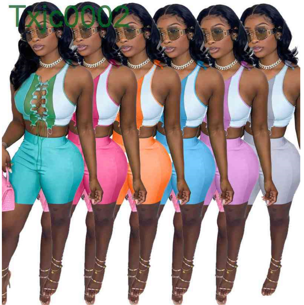 

Women Two Piece Sets Designer Summer Outfits Slim Sexy Round Neck Color Contrast Splicing Strap Hollow Out Sleeveless Vest Tracksuits, Orange