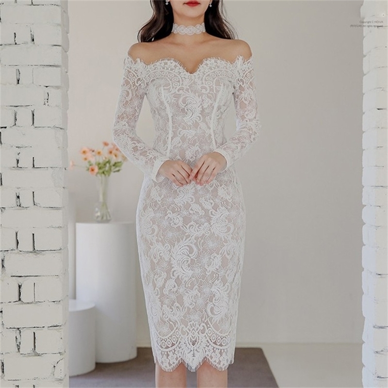

Spring Sexy Off shoulder Lace Patchwork Dress Women Slash neck Ruffles Female Pencil Elegant Party Sheath Vestidos 210603, Picture color