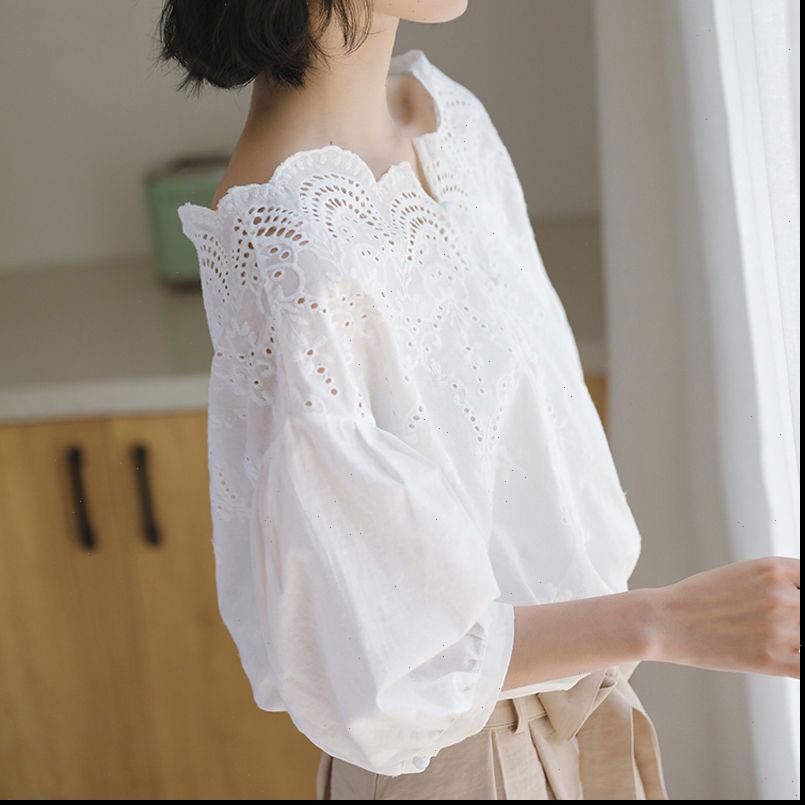 

Summer Korea Fashion Loose Womens Blouses Off Shoulder Hollow Out Cotton Sweet Cute Short Sleeve White