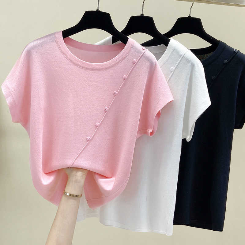 

Oversized summer arrival short sleeve o-neck button sweater women fresh cute loose knitted pullover Modis tops 210604, Black
