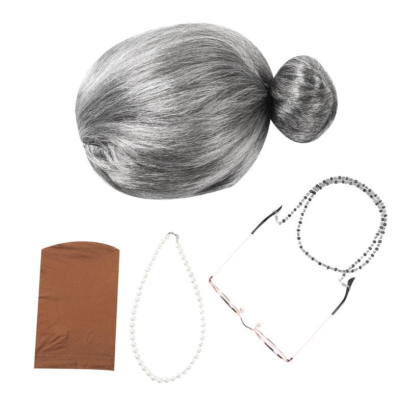 

Party Decoration 5Pc Grandmother Cosplay Accessories Halloween Masquerade Old Lady Dress Up Grey Hair Wig Hat Eyeglasses Necklace Set Decor
