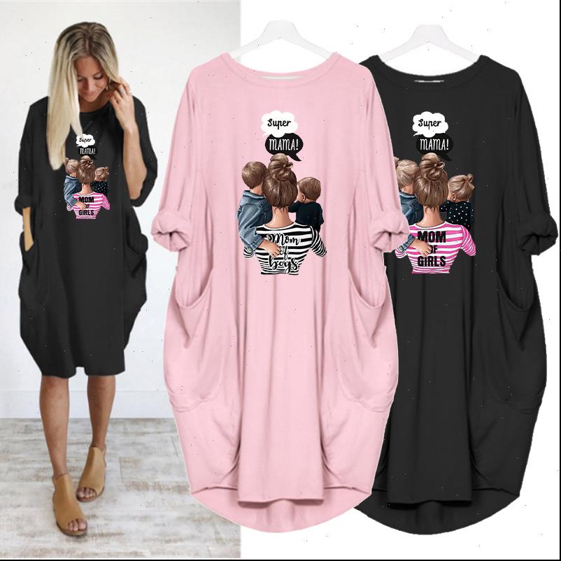 

plus size womens midi dress women dresses super mama print long sleeve o neck loose autumn pocket casual classic vintage, Black;gray